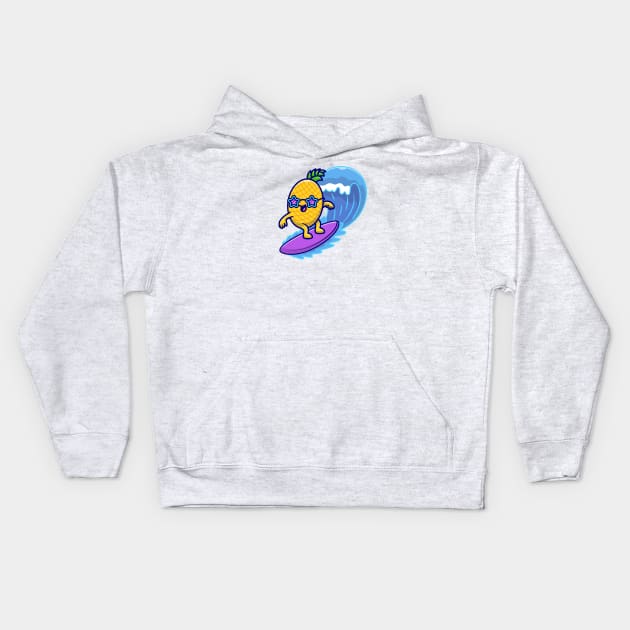 Cute Pineaple Surfing In The Sea Cartoon Kids Hoodie by Catalyst Labs